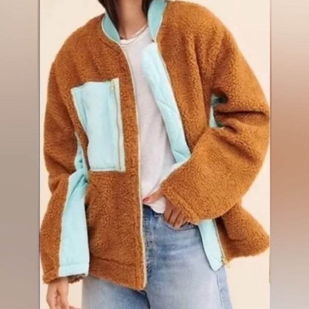 We The Free Fleece Oversized Bomber Jacket Brown and Blue Sz L
